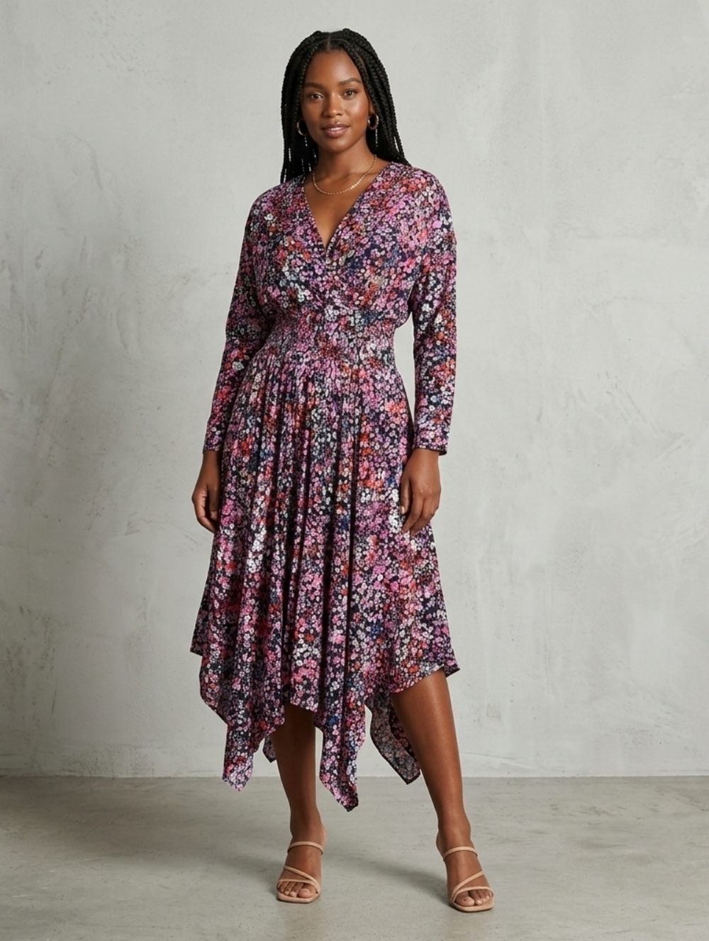 Maje Reyemi Noir Rose Asymmetrical Midi Dress Black Floral Handkerchief Medium